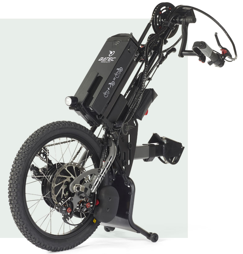 The Batec Hybrid add-on handbike, brings together the technology of the Batec Electric and the Batec Manual handbikes, to offer the equivalent of an electrically assisted bike.